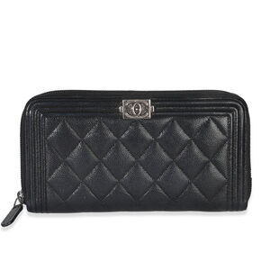 Chanel Black Quilted Caviar Zip Around Boy Long Wallet